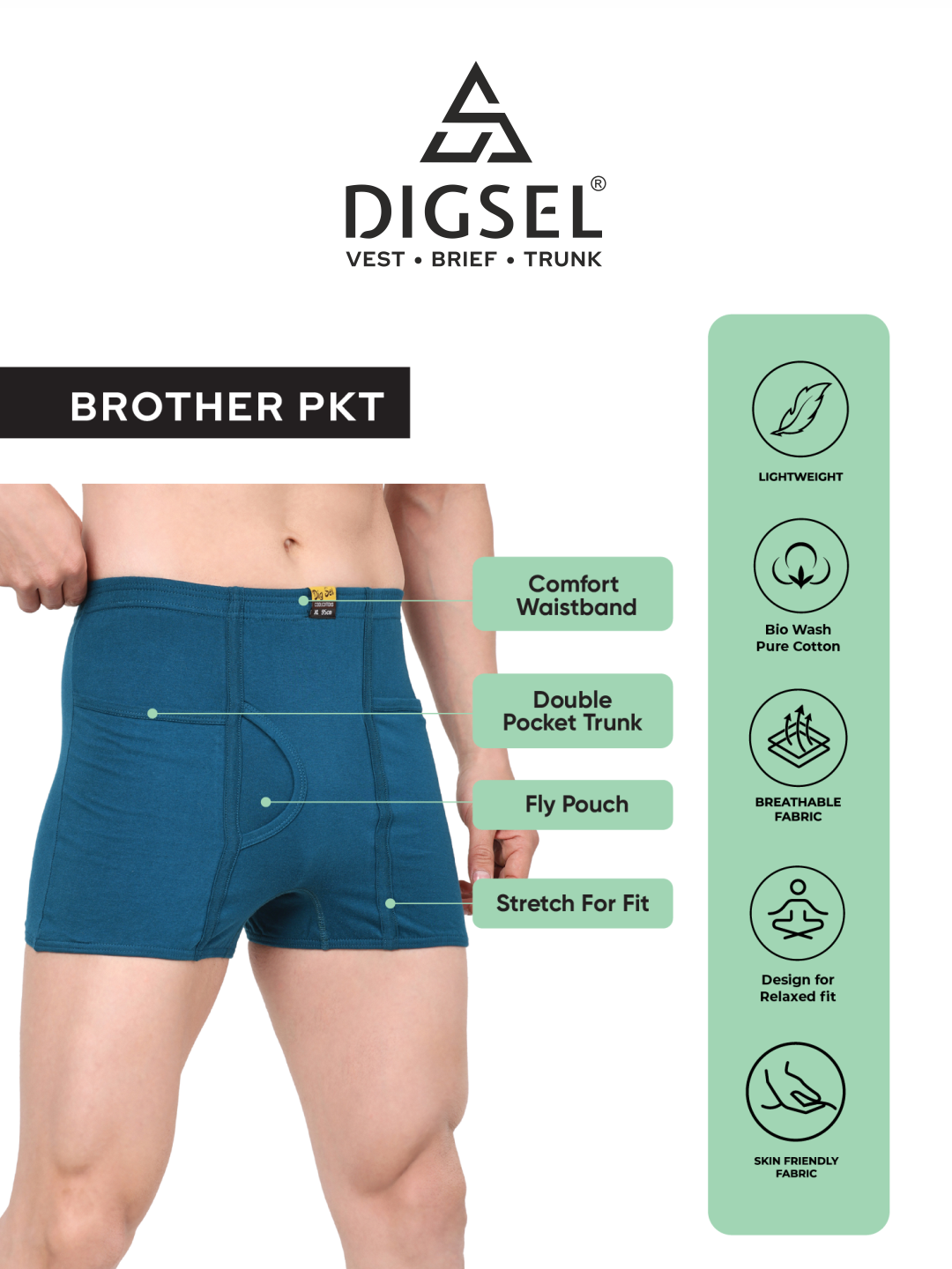 Men 100% Cotton Inner Elastic Pocket Trunk Sandel Brother IE Pack of 2