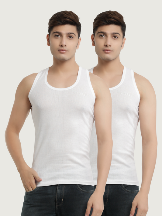 Men 100% Cotton White Rib Fabric Vest Durby- Pack of 2