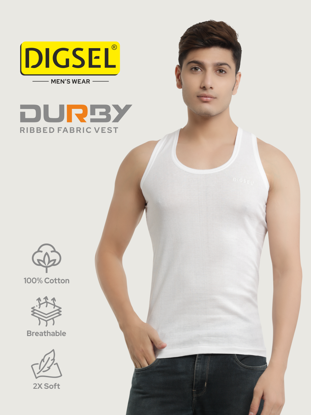 Men 100% Cotton White Rib Fabric Vest Durby- Pack of 2