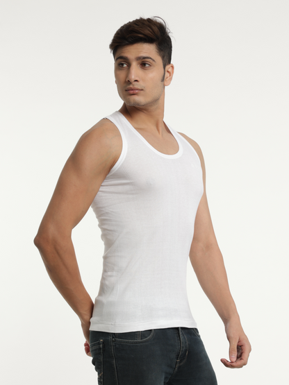 Men 100% Cotton White Rib Fabric Vest Durby- Pack of 2