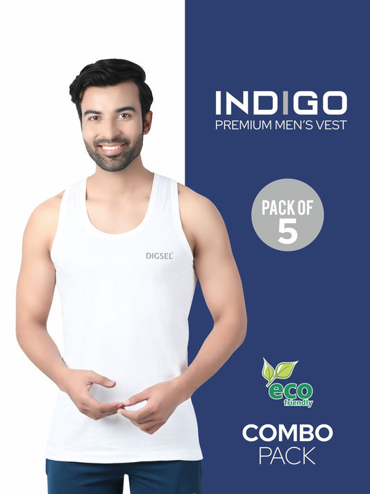 Man wearing a white tank top with 'Indigo' branding on a blue and white background
