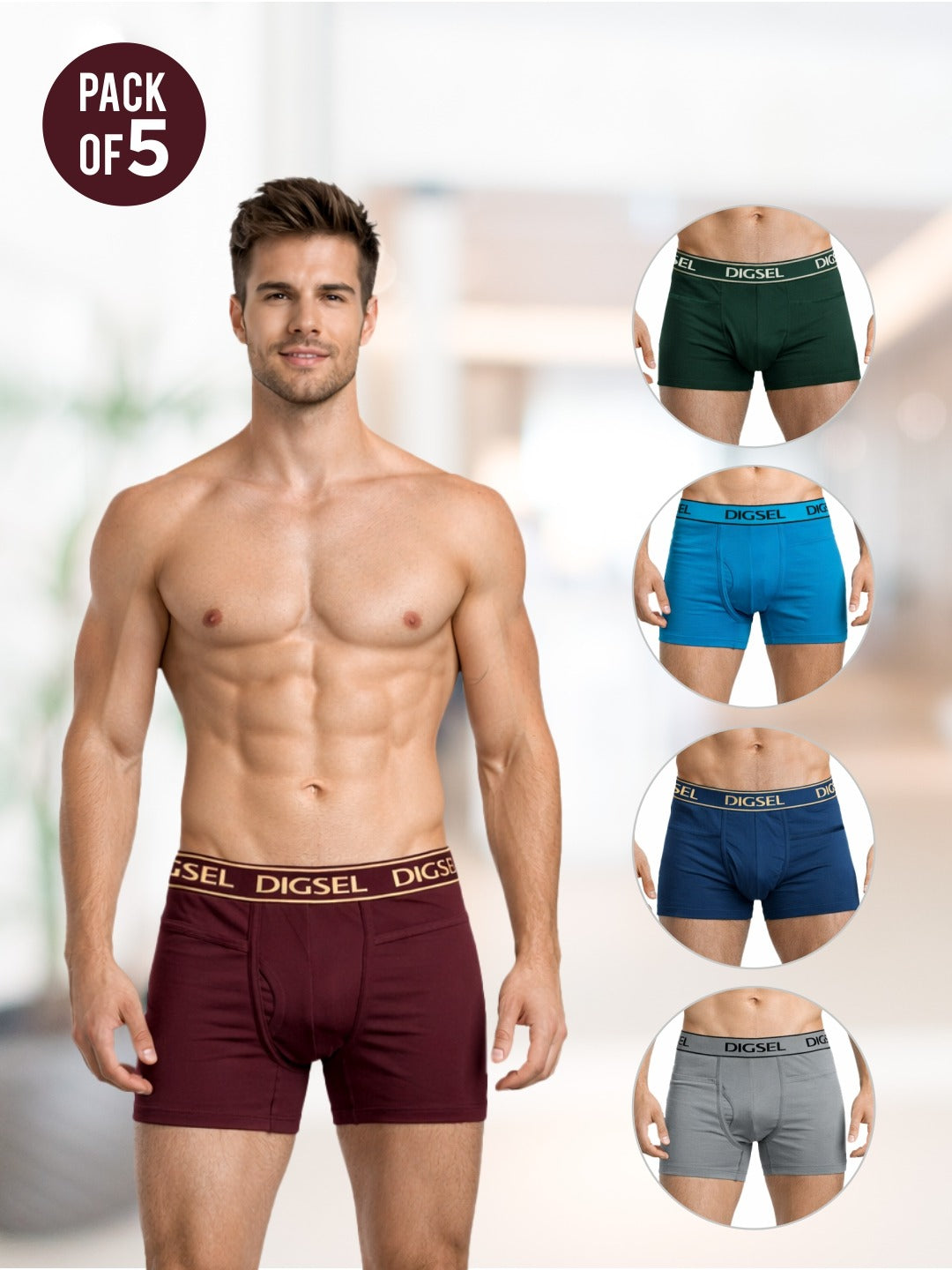 Men 100% Cotton Assorted colour Pocket long Trunks Pack of 5