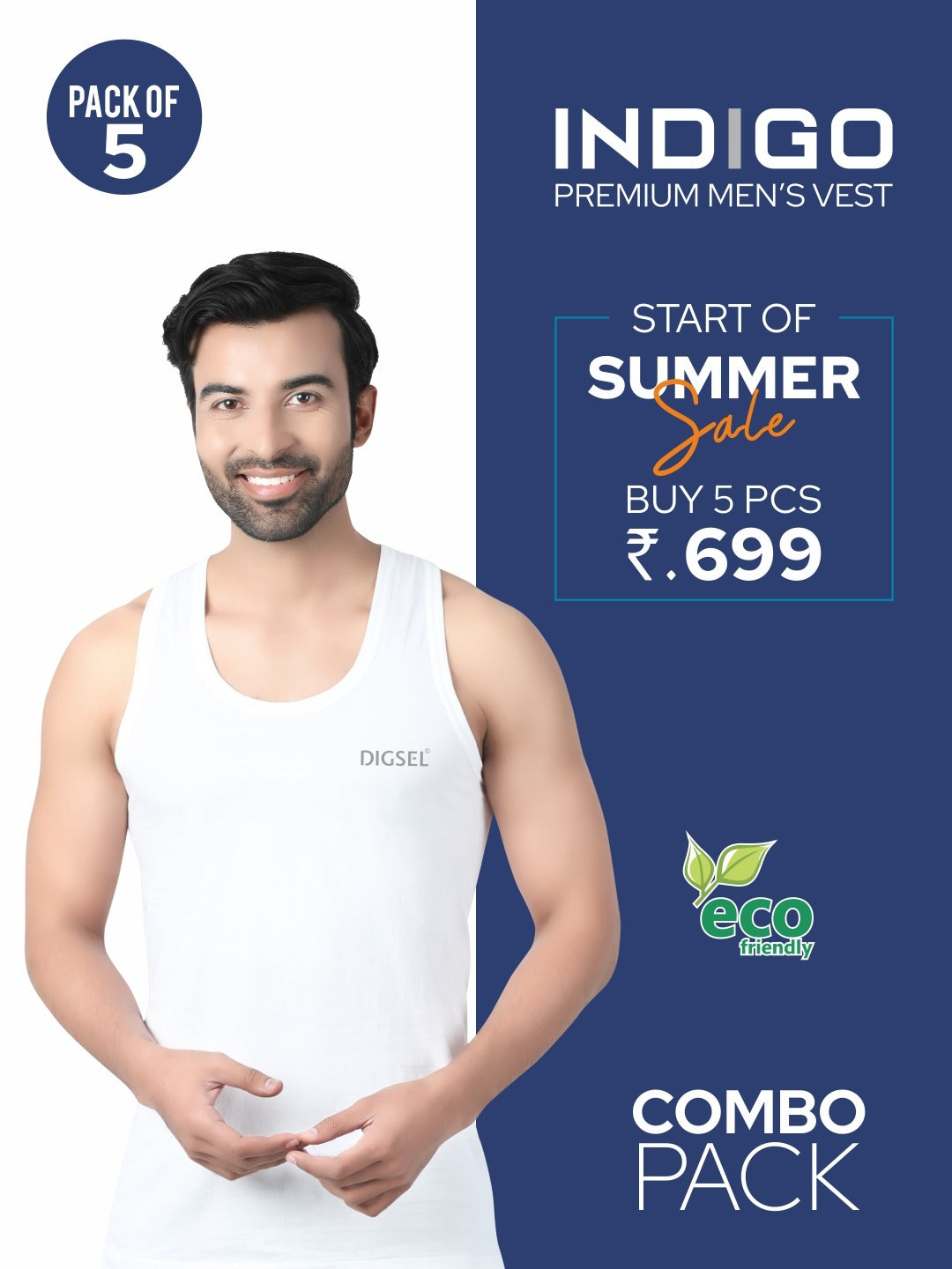 Summer Combo Men white premium vest pack of 5