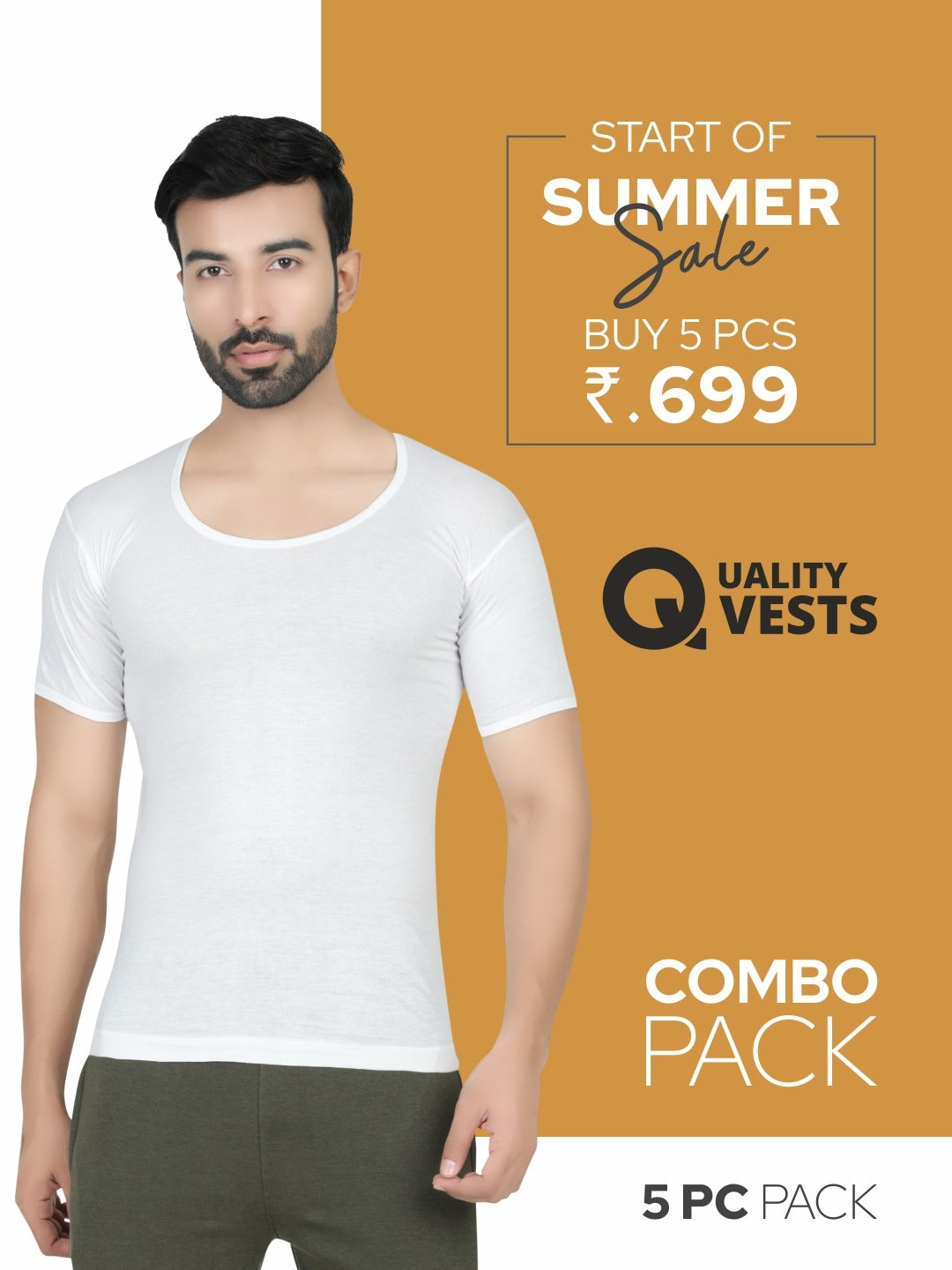 Summer Combo Men white vest_ RNS Pack of 5
