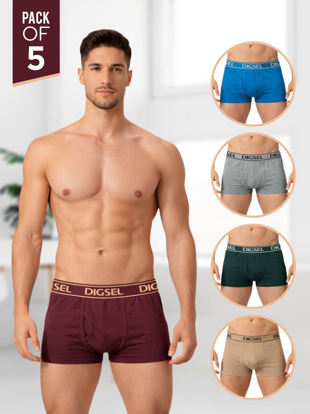 Men 100% Cotton without Pocket Mini Trunks Pack of 5 Combo_4